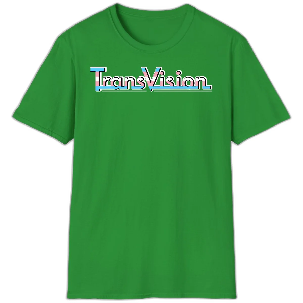 TransVision typography with transgender pride flag colors—cyan, pink, and white integrated into bold modern lettering in Irish Green