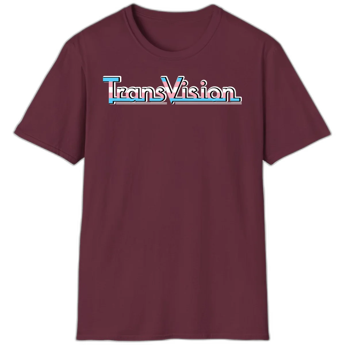 TransVision typography with transgender pride flag colors—cyan, pink, and white integrated into bold modern lettering in Maroon