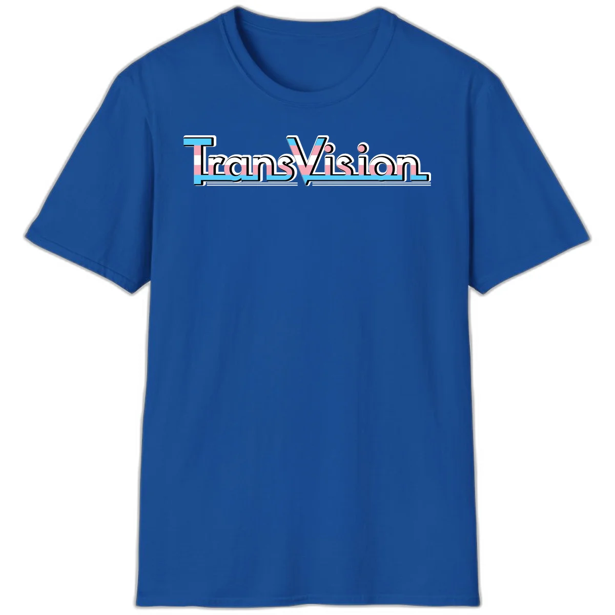 TransVision typography with transgender pride flag colors—cyan, pink, and white integrated into bold modern lettering in Royal