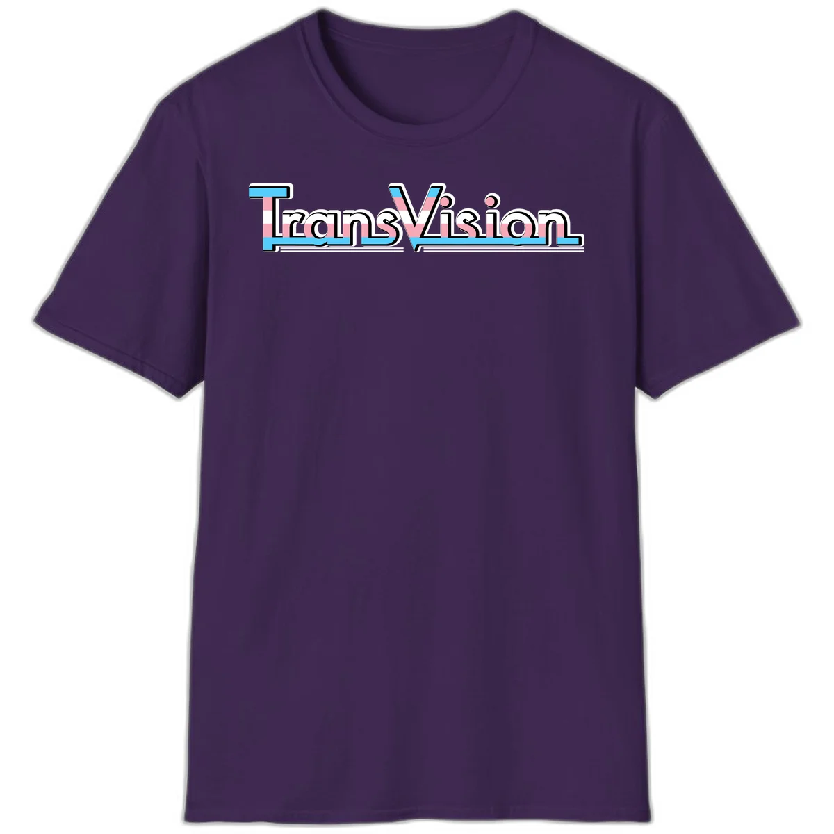 TransVision typography with transgender pride flag colors—cyan, pink, and white integrated into bold modern lettering in Purple