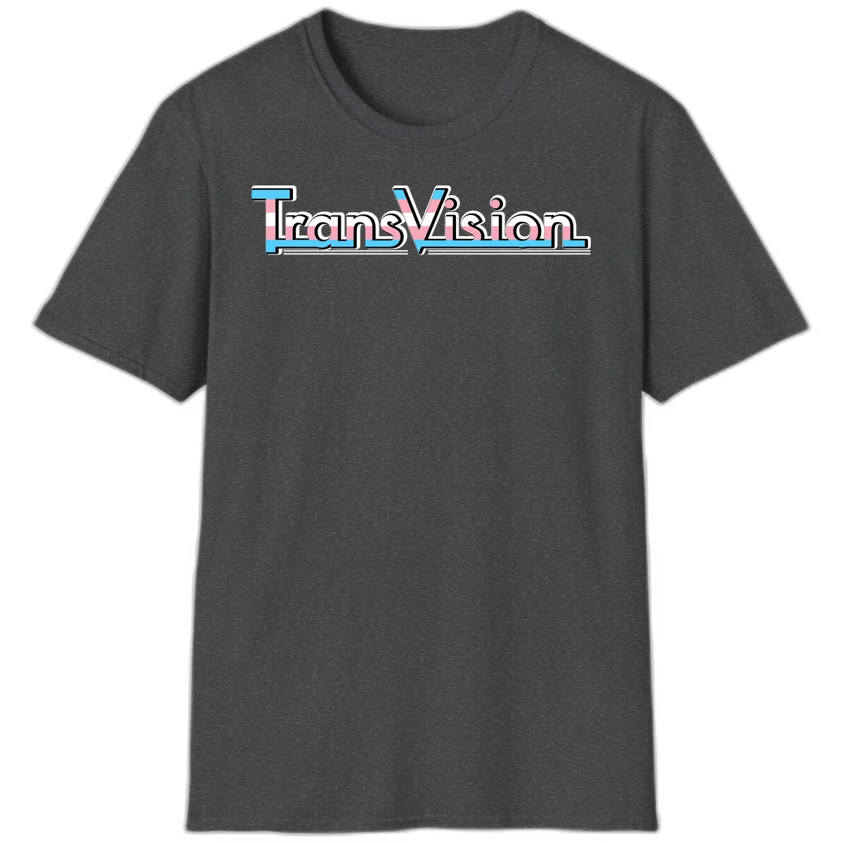 TransVision typography with transgender pride flag colors—cyan, pink, and white integrated into bold modern lettering in Dark Heather