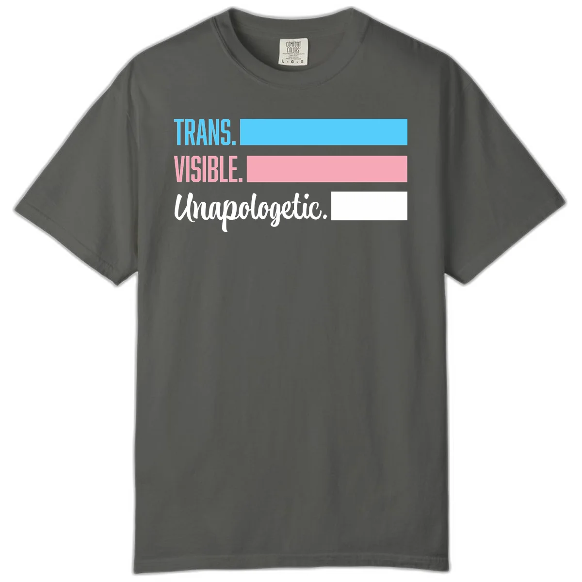 Trans visible unapologetic design with cyan, pink, white and gray horizontal stripes and layered typography in Pepper