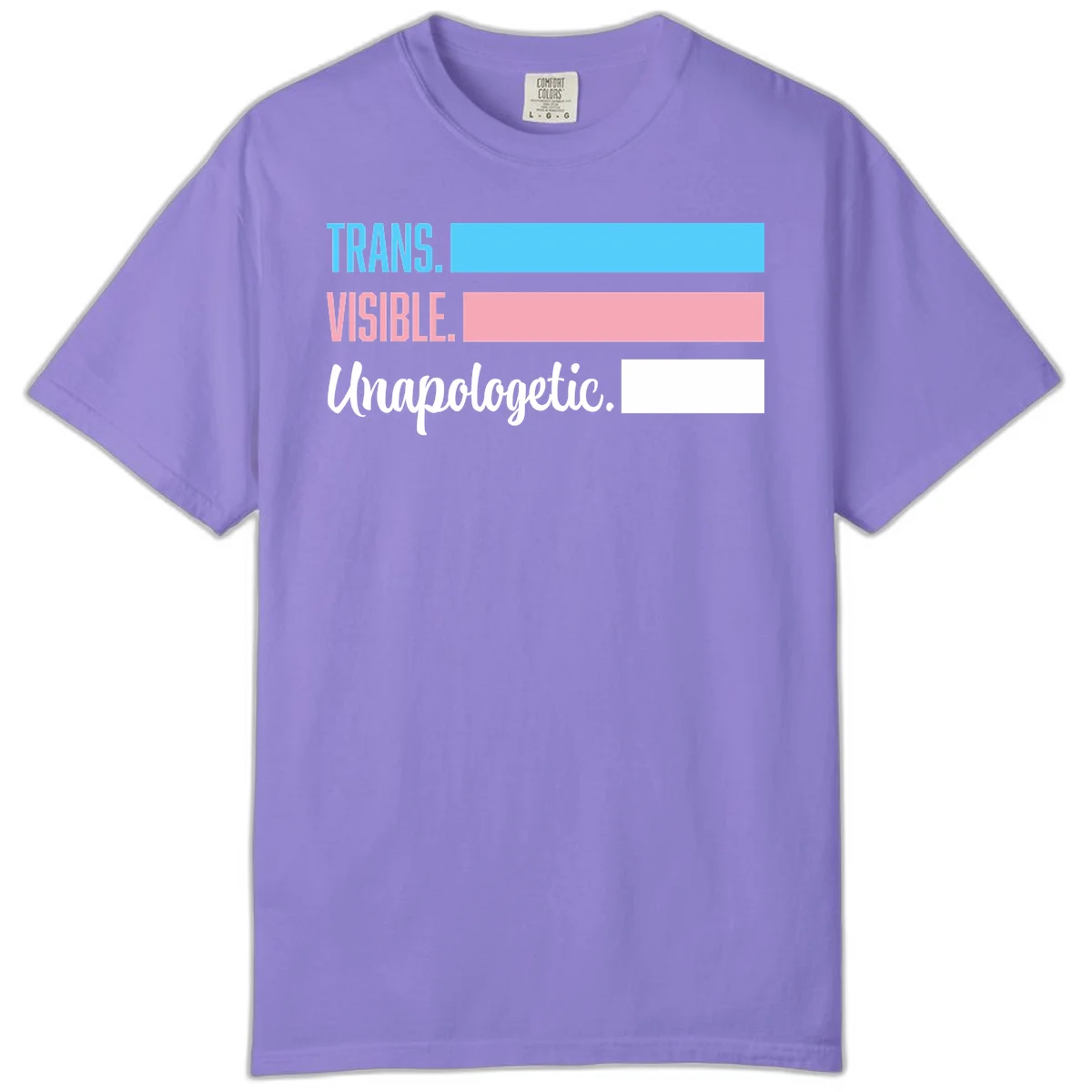 Trans visible unapologetic design with cyan, pink, white and gray horizontal stripes and layered typography in Violet