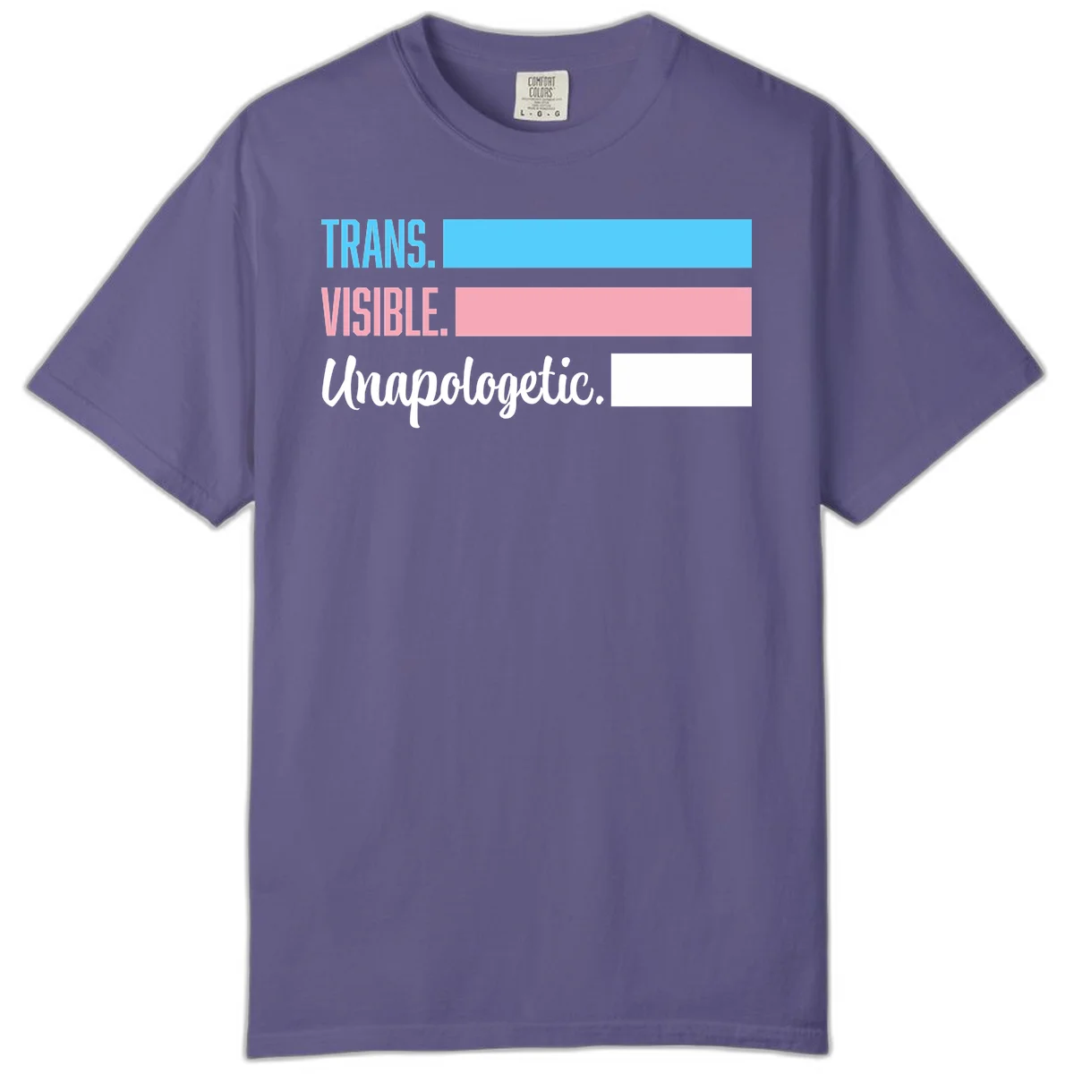 Trans visible unapologetic design with cyan, pink, white and gray horizontal stripes and layered typography in Grape