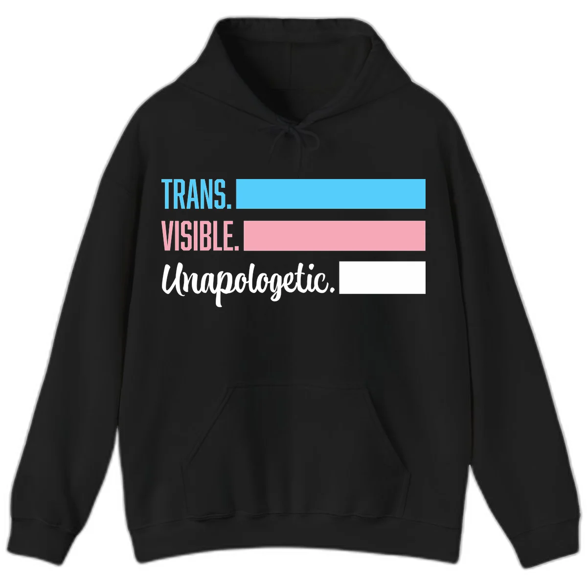 Trans visible unapologetic design with cyan, pink, white and gray horizontal stripes and layered typography in Black