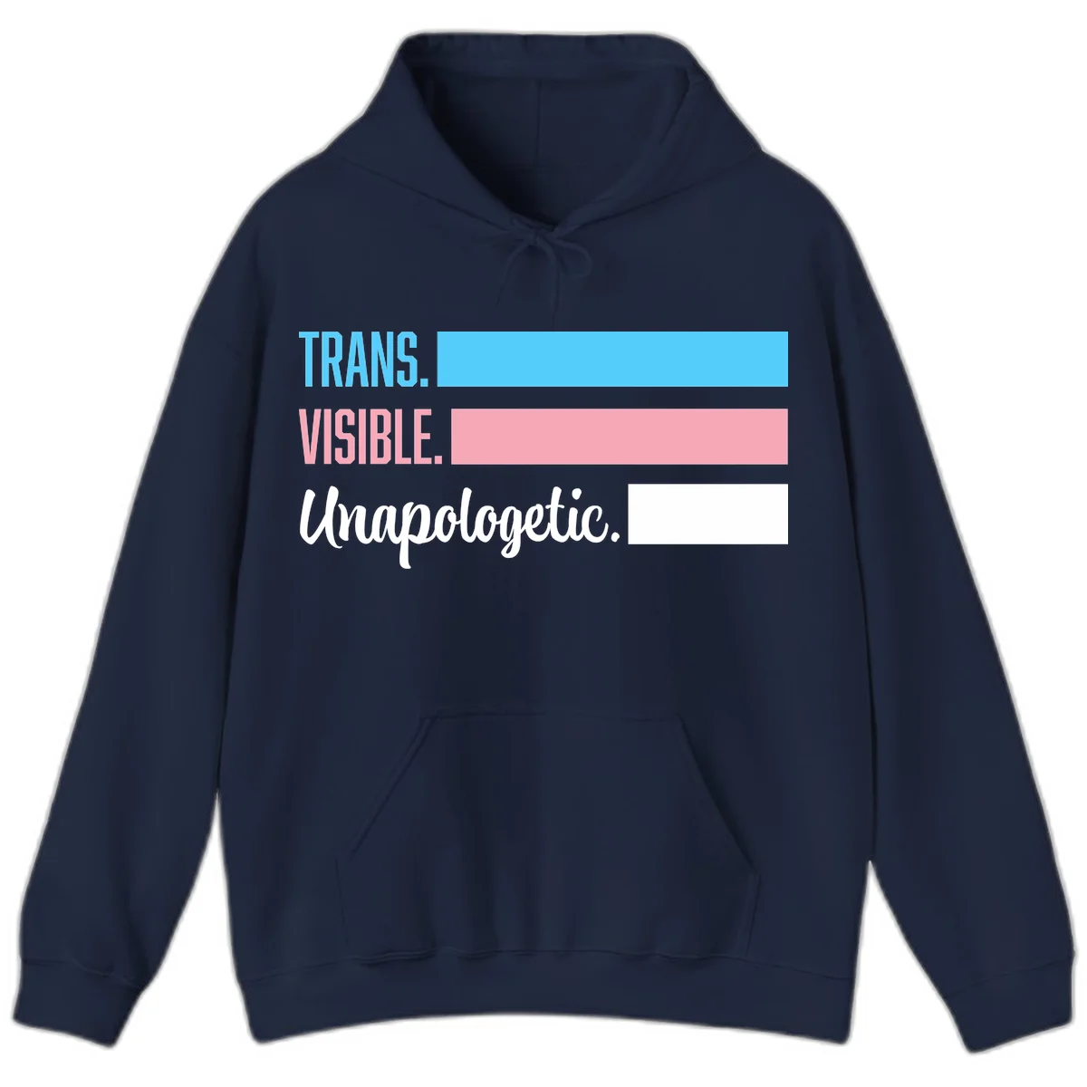 Trans visible unapologetic design with cyan, pink, white and gray horizontal stripes and layered typography in Navy