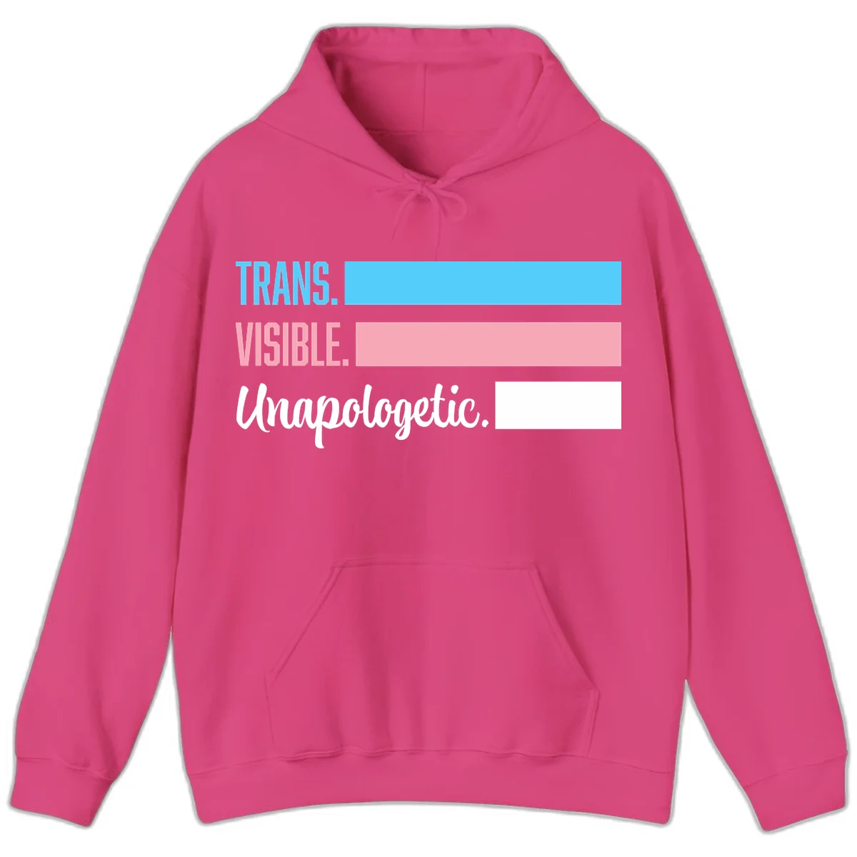 Trans visible unapologetic design with cyan, pink, white and gray horizontal stripes and layered typography in Heliconia