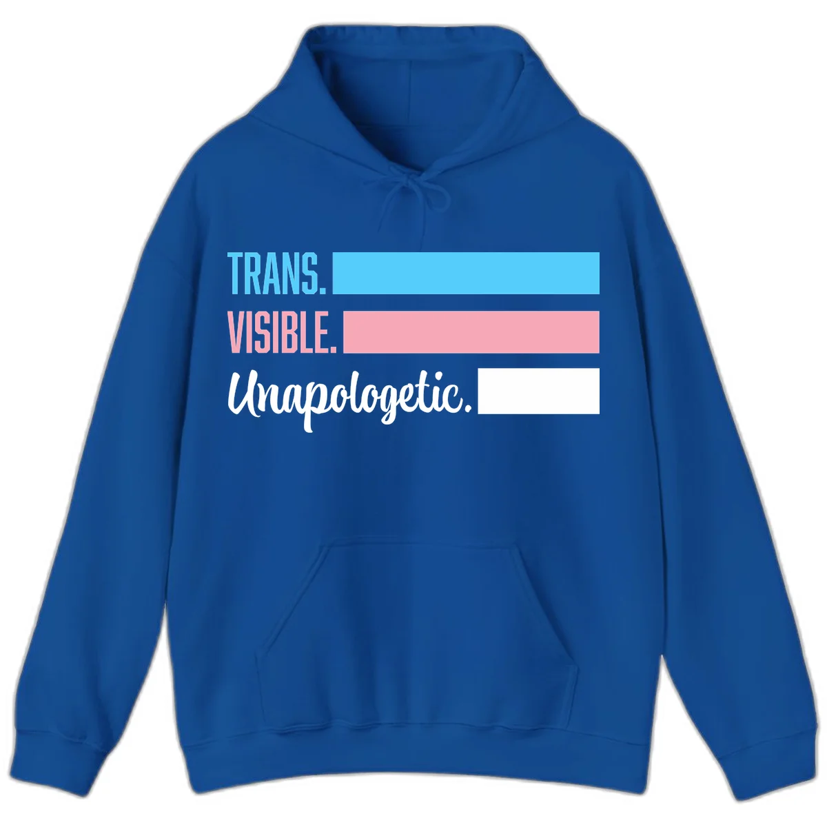 Trans visible unapologetic design with cyan, pink, white and gray horizontal stripes and layered typography in Royal