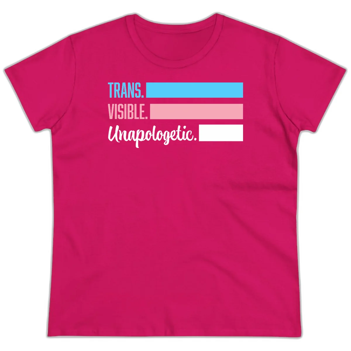 Trans visible unapologetic design with cyan, pink, white and gray horizontal stripes and layered typography in Heliconia