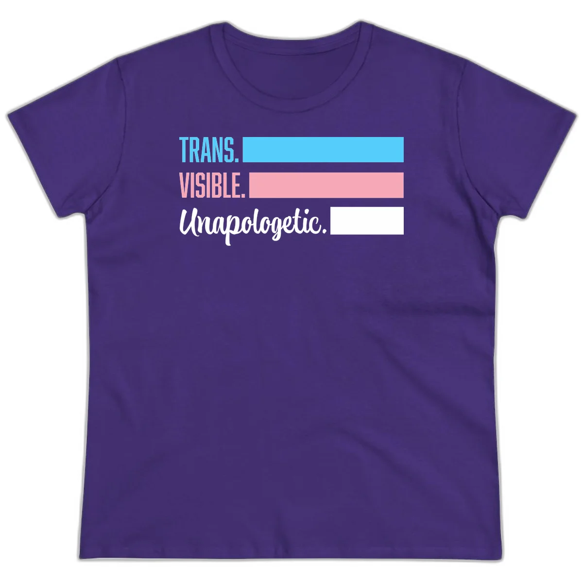 Trans visible unapologetic design with cyan, pink, white and gray horizontal stripes and layered typography in Purple