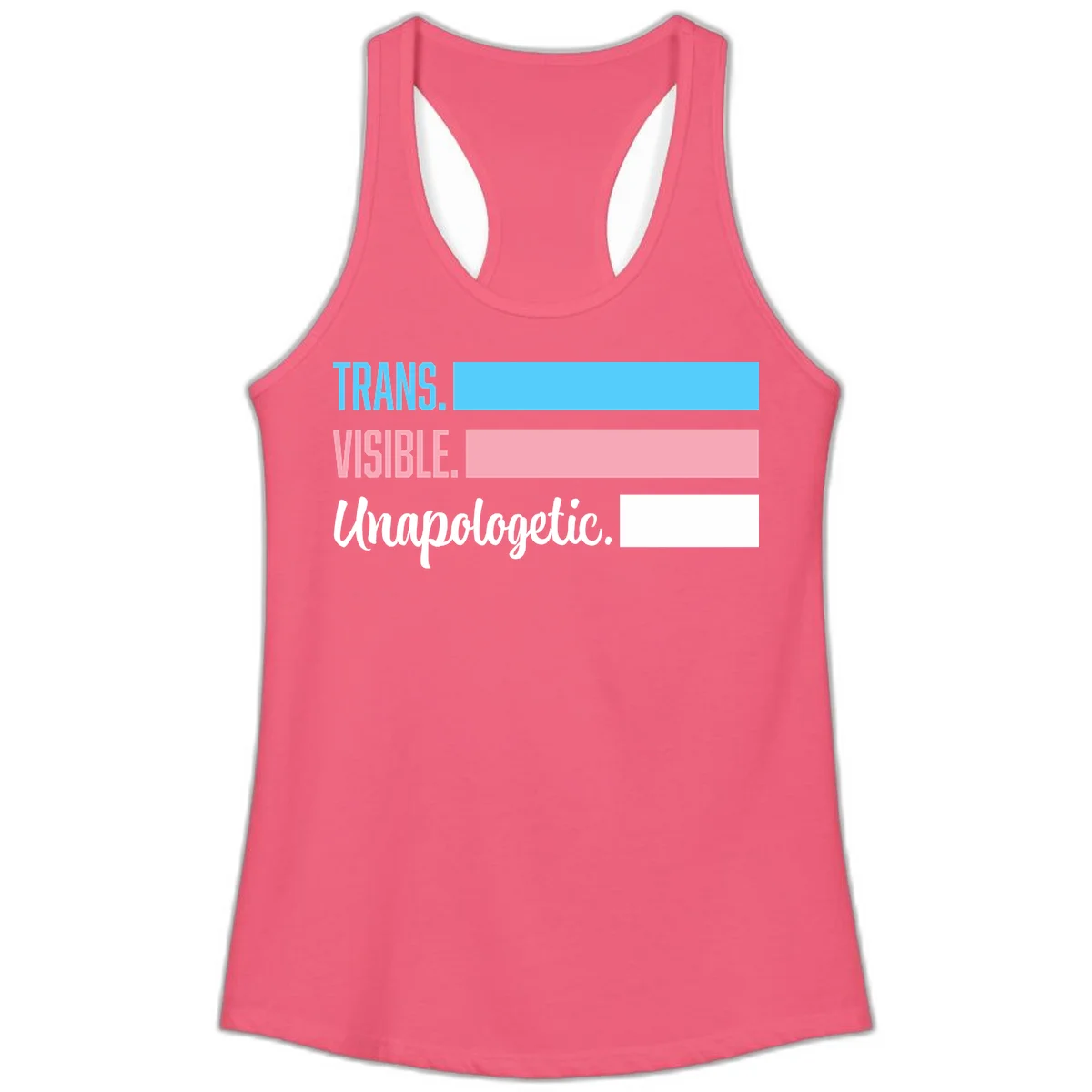 Trans visible unapologetic design with cyan, pink, white and gray horizontal stripes and layered typography in Hot Pink