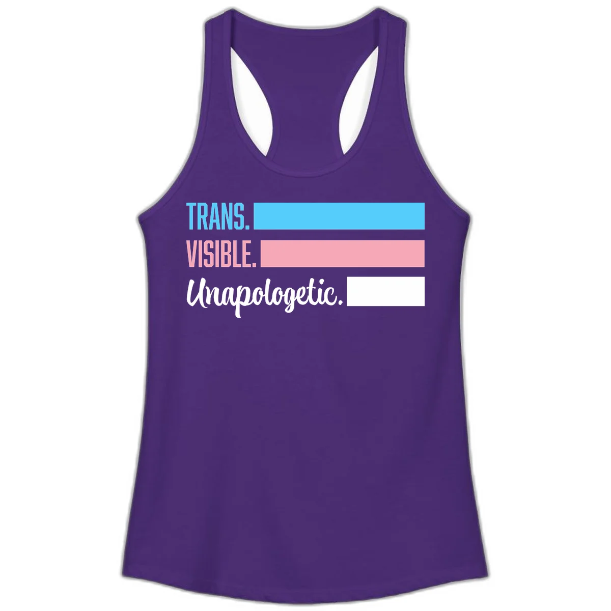Trans visible unapologetic design with cyan, pink, white and gray horizontal stripes and layered typography in Solid Purple Rush