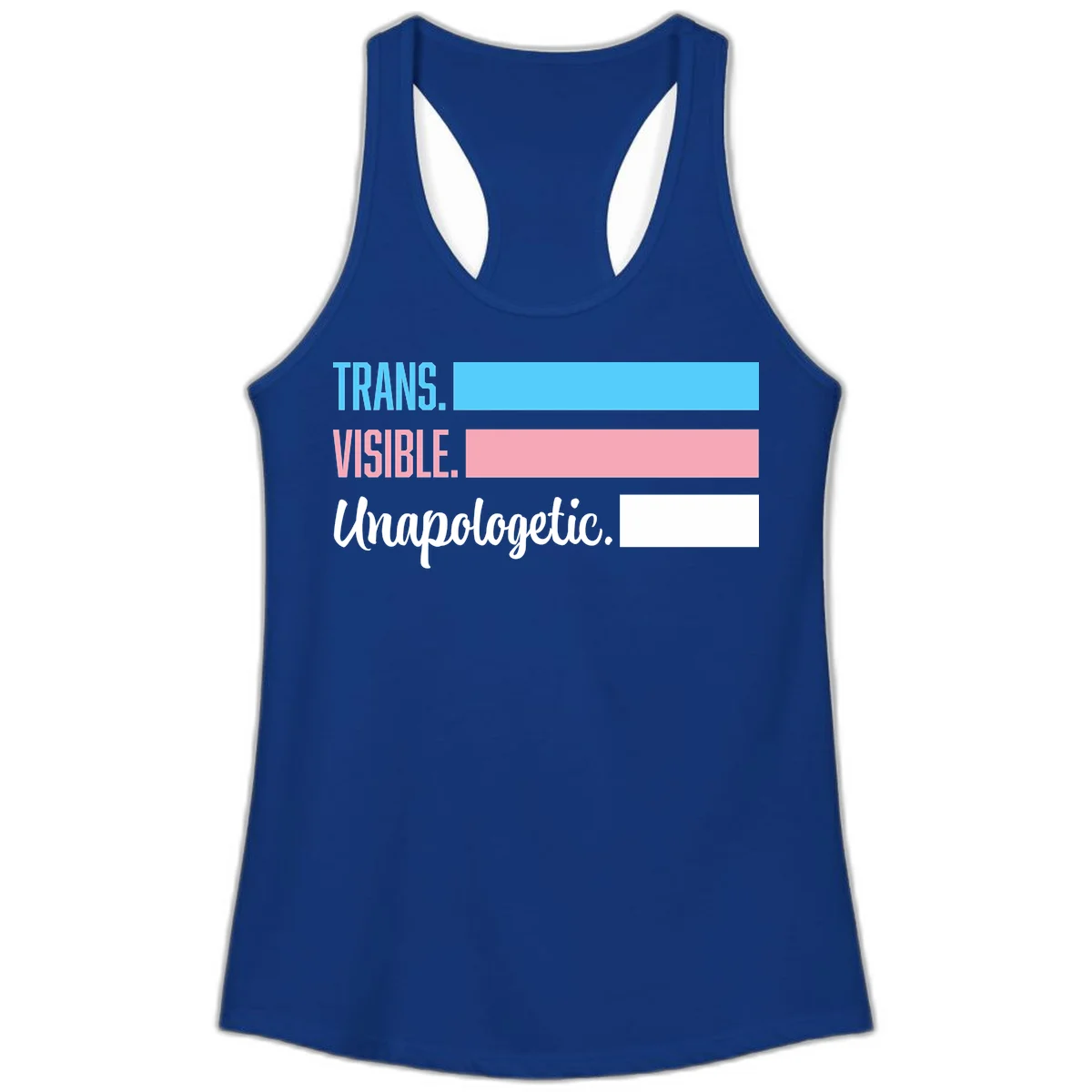 Trans visible unapologetic design with cyan, pink, white and gray horizontal stripes and layered typography in Solid Royal