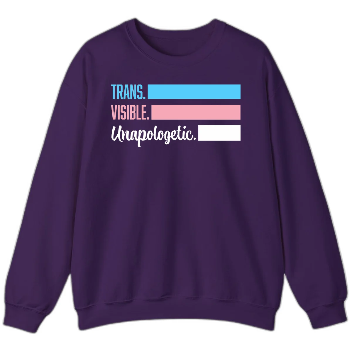 Trans visible unapologetic design with cyan, pink, white and gray horizontal stripes and layered typography in Purple