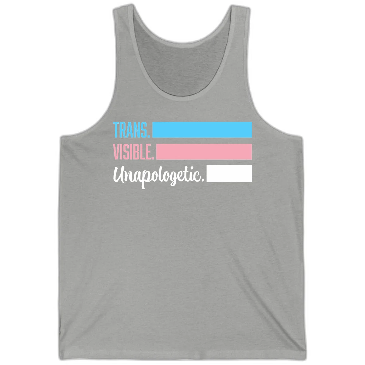 Trans visible unapologetic design with cyan, pink, white and gray horizontal stripes and layered typography in Athletic Heather