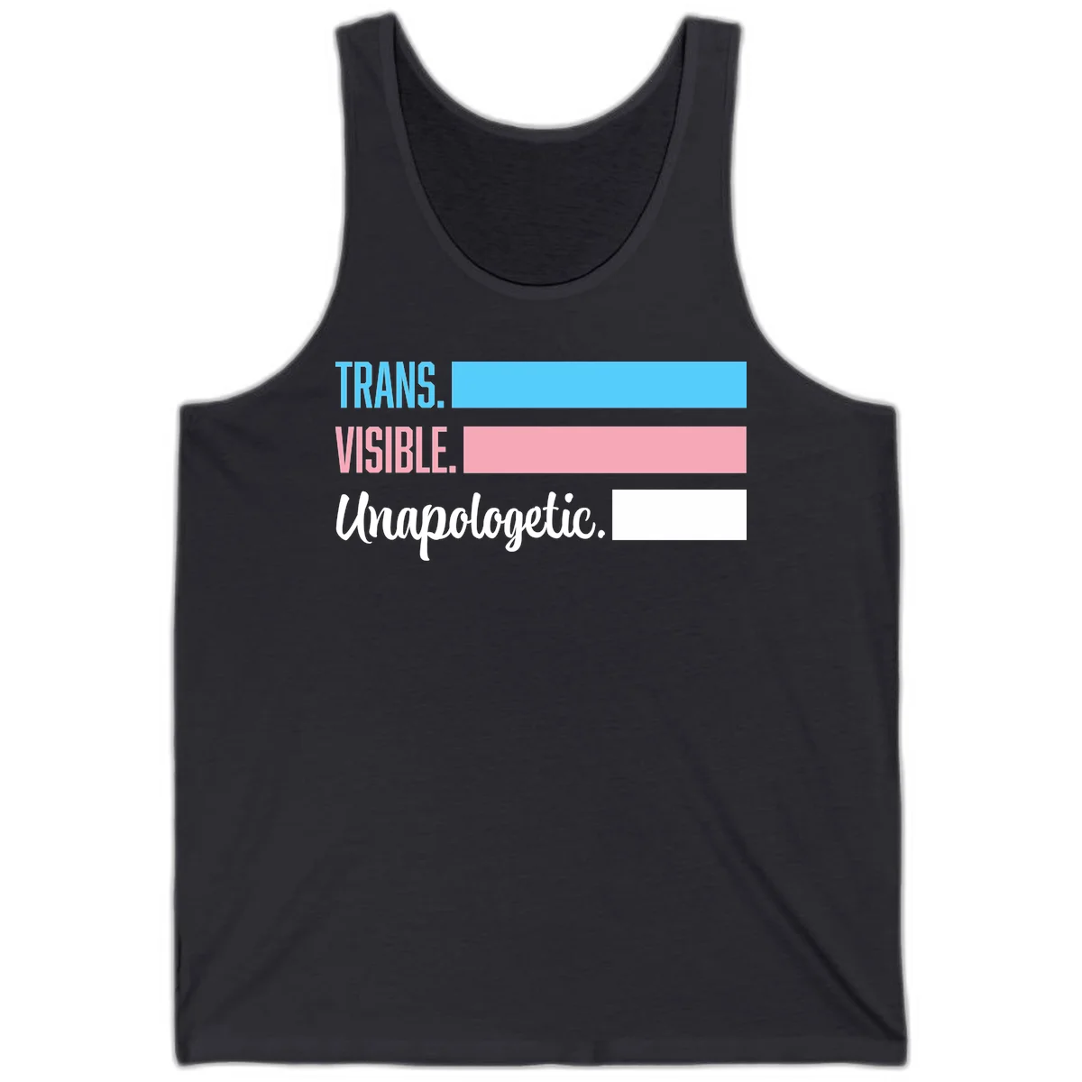 Trans visible unapologetic design with cyan, pink, white and gray horizontal stripes and layered typography in Dark Grey