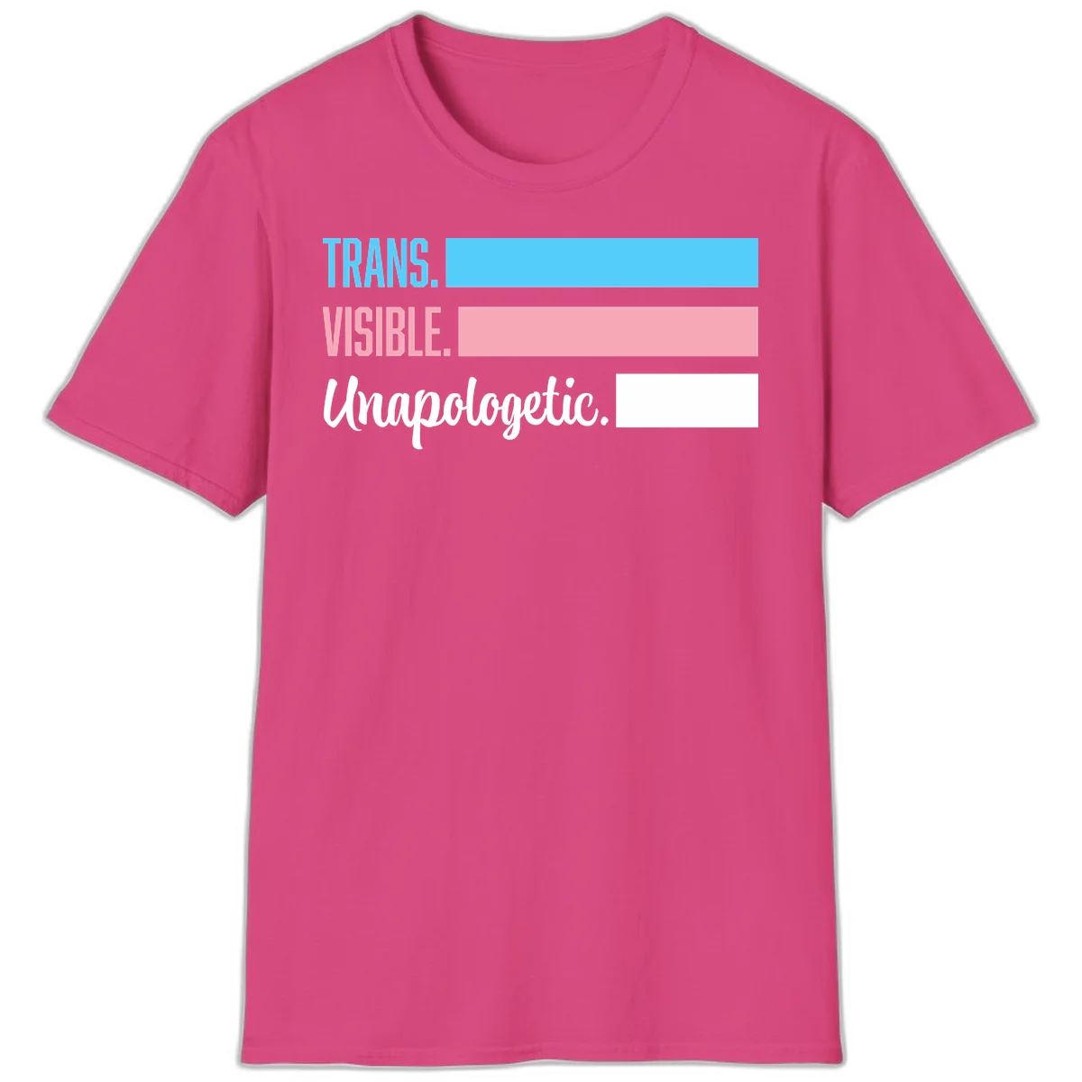 Trans visible unapologetic design with cyan, pink, white and gray horizontal stripes and layered typography in Heliconia