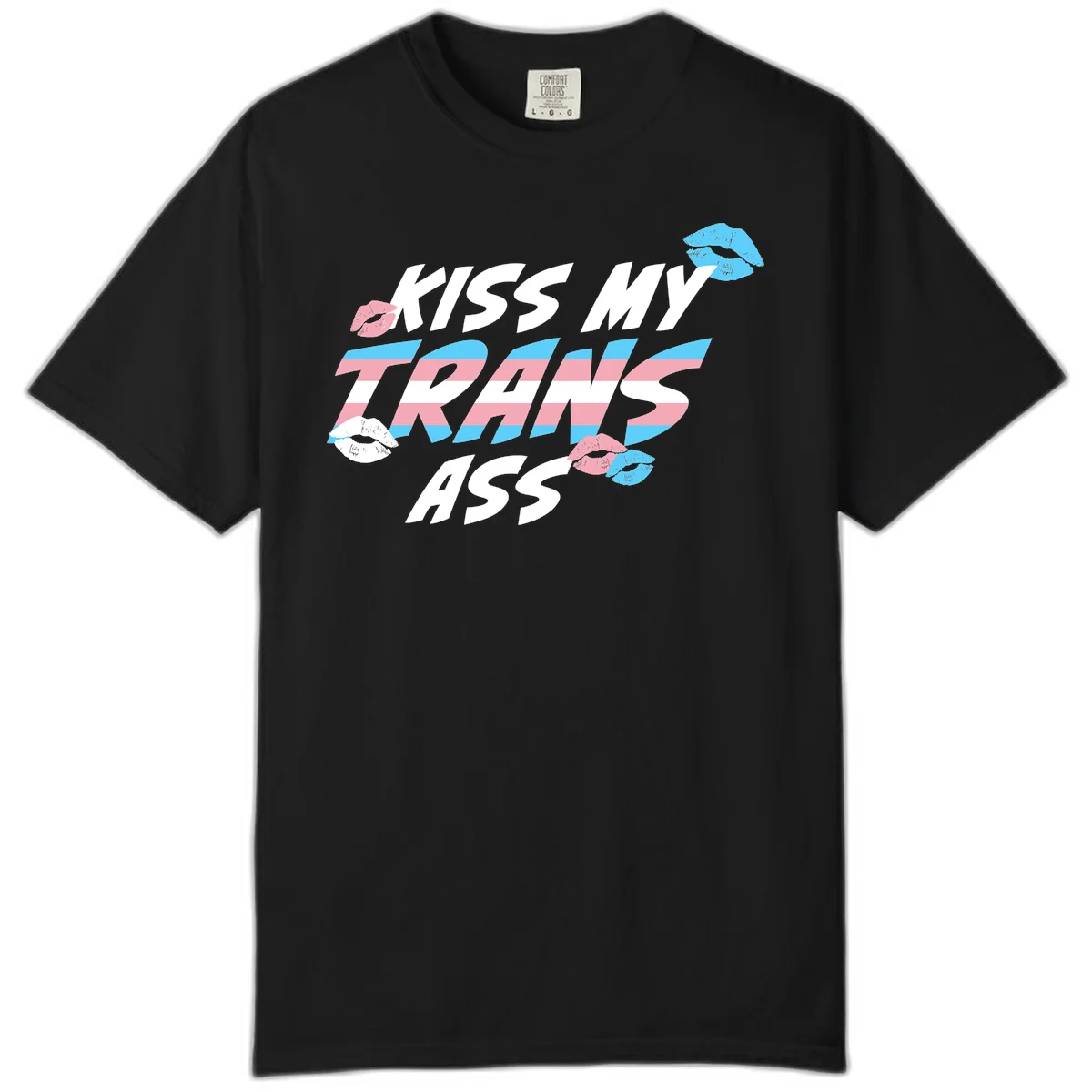 Kiss my trips ass design with trans flag striped text and colorful lip illustrations on gray background in Black