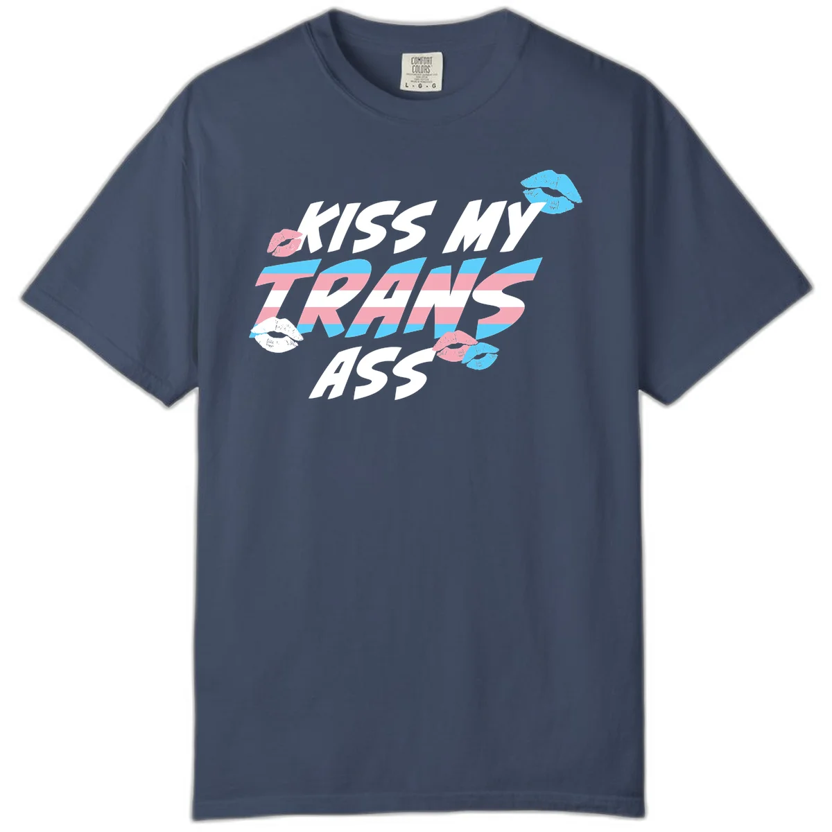 Kiss my trips ass design with trans flag striped text and colorful lip illustrations on gray background in Midnight