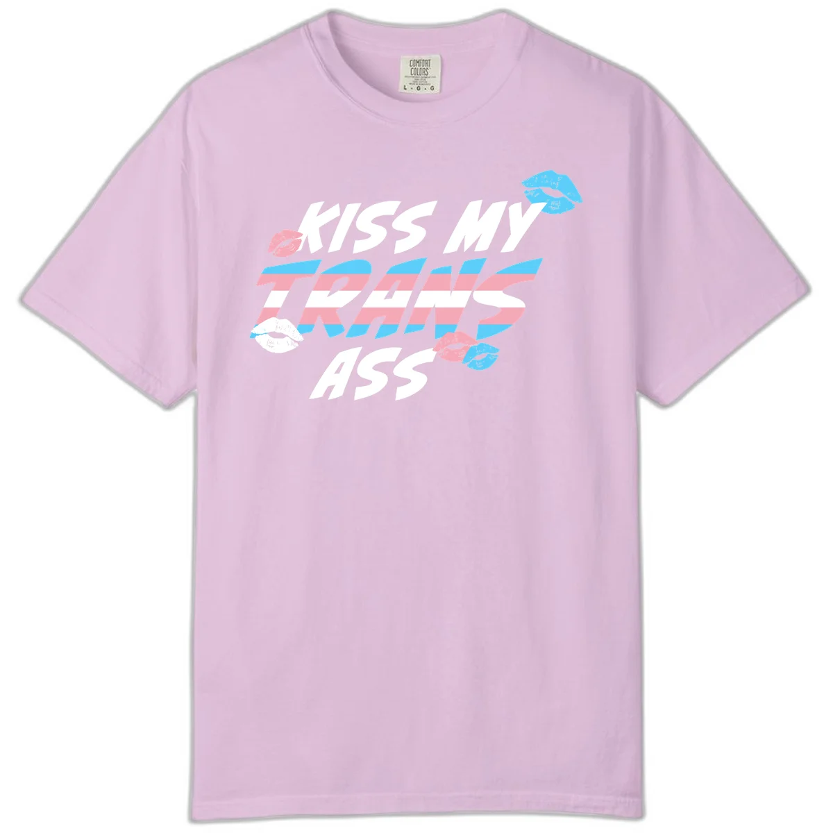 Kiss my trips ass design with trans flag striped text and colorful lip illustrations on gray background in Orchid