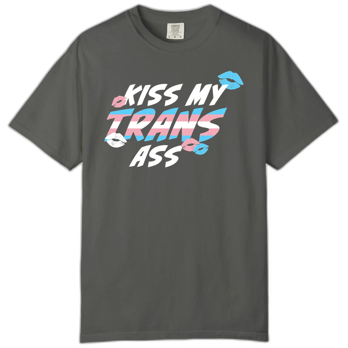 Kiss my trips ass design with trans flag striped text and colorful lip illustrations on gray background in Pepper