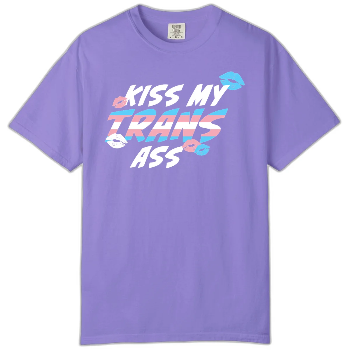 Kiss my trips ass design with trans flag striped text and colorful lip illustrations on gray background in Violet