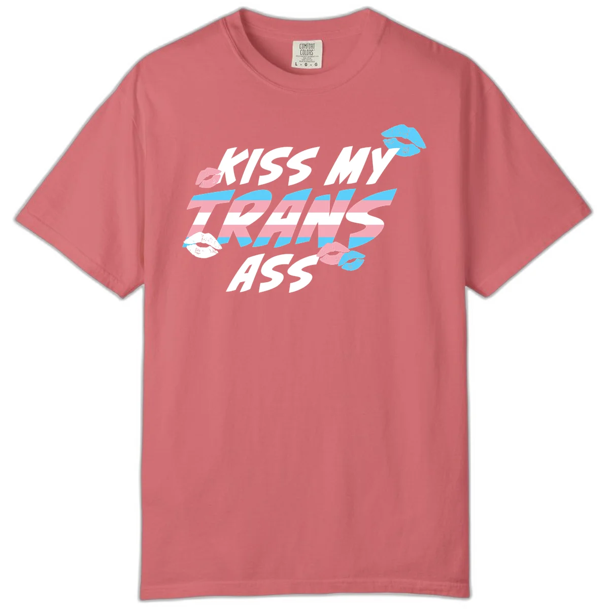 Kiss my trips ass design with trans flag striped text and colorful lip illustrations on gray background in Watermelon
