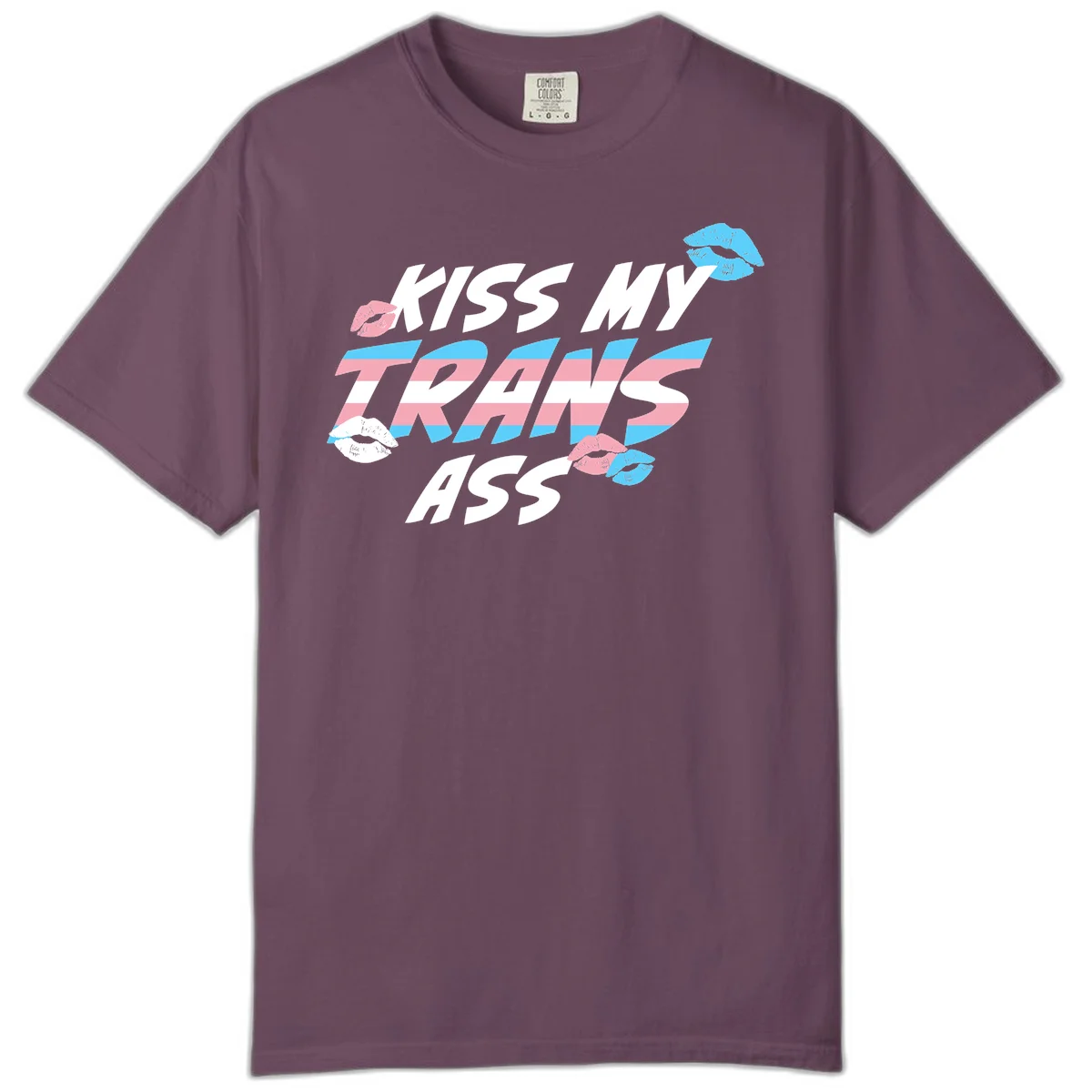 Kiss my trips ass design with trans flag striped text and colorful lip illustrations on gray background in Berry