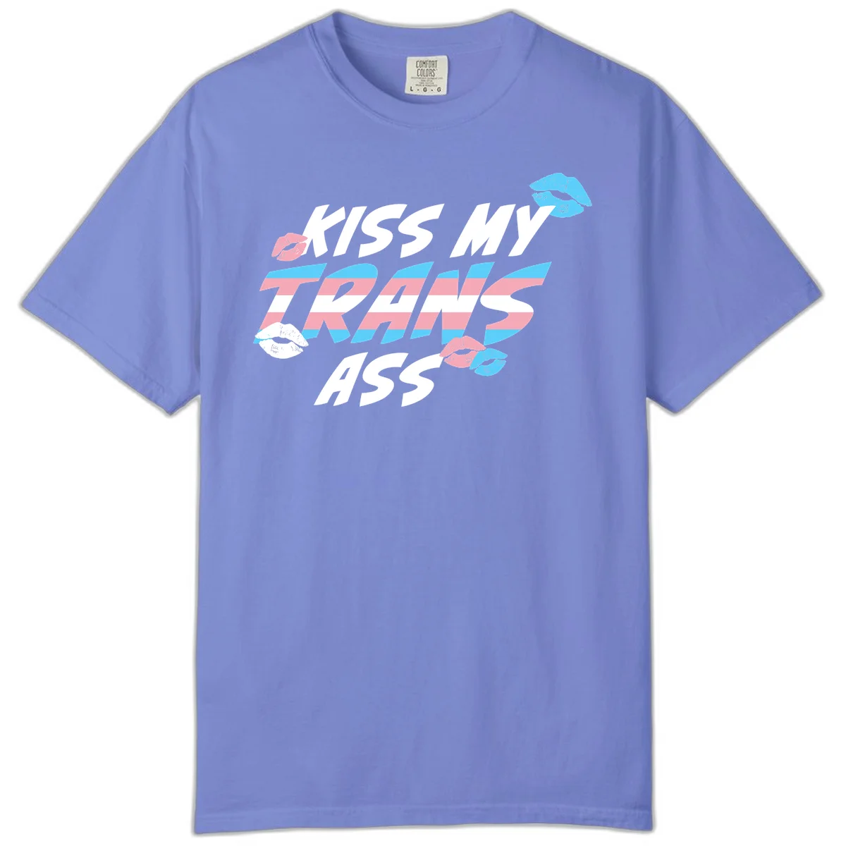 Kiss my trips ass design with trans flag striped text and colorful lip illustrations on gray background in Flo Blue