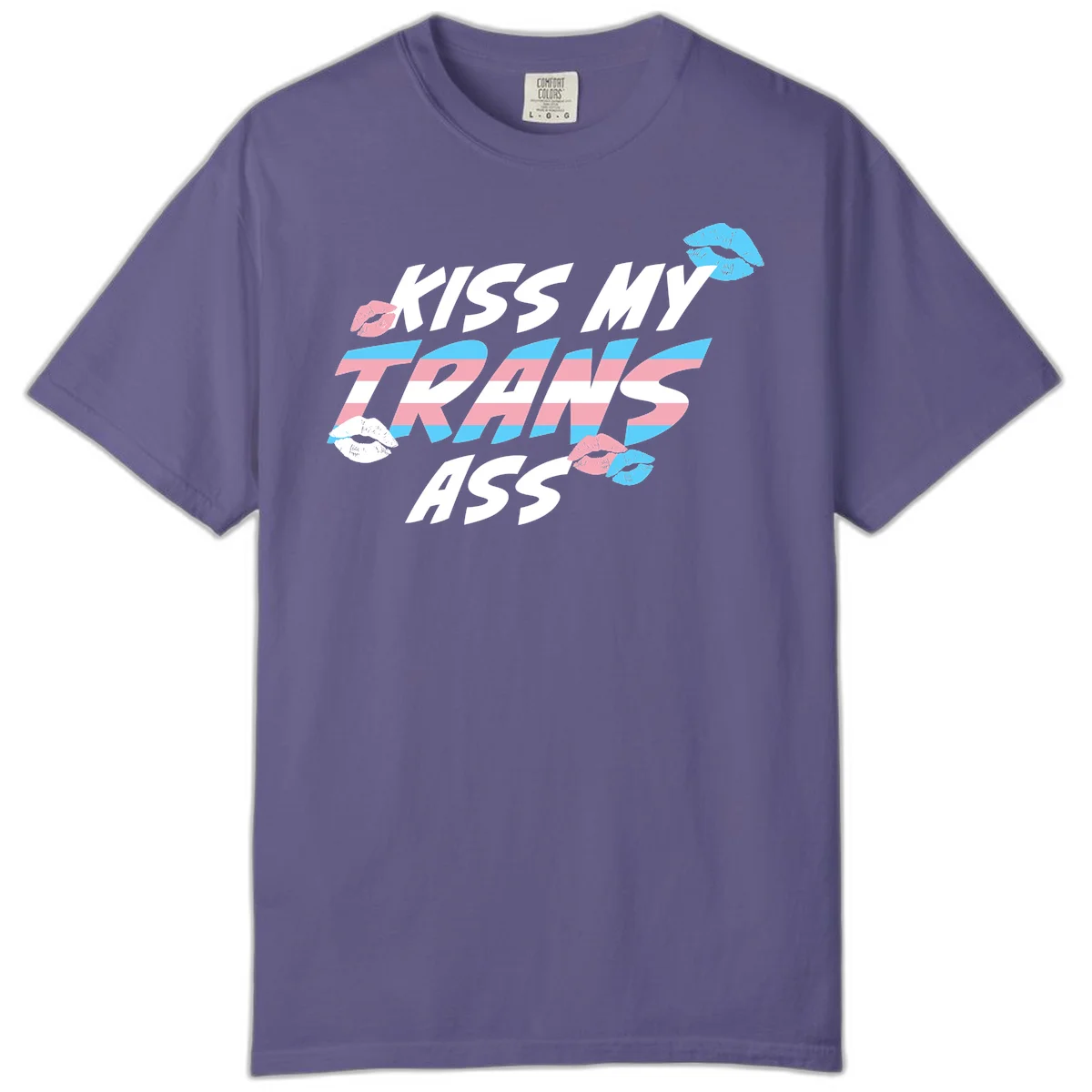 Kiss my trips ass design with trans flag striped text and colorful lip illustrations on gray background in Grape