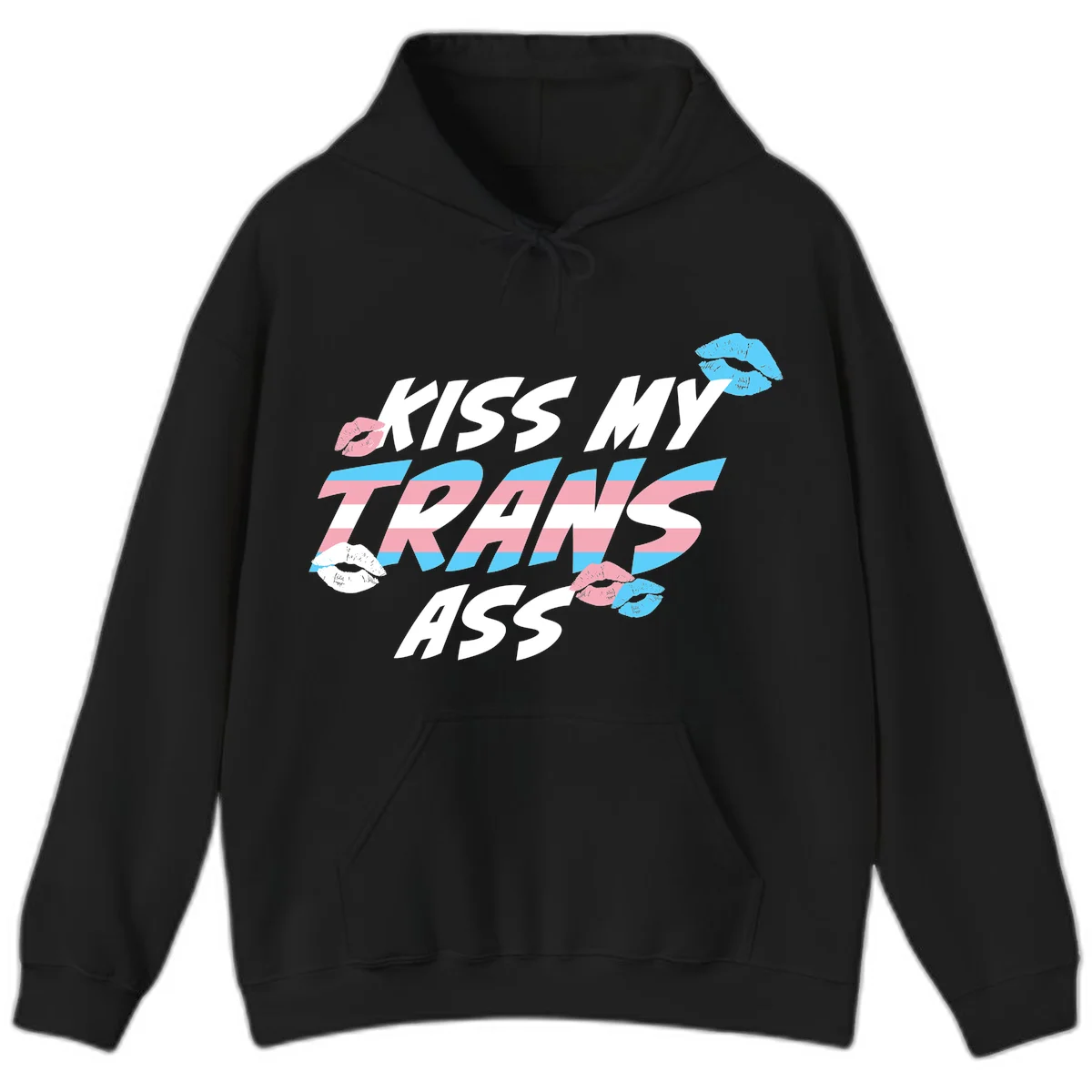 Kiss my trips ass design with trans flag striped text and colorful lip illustrations on gray background in Black
