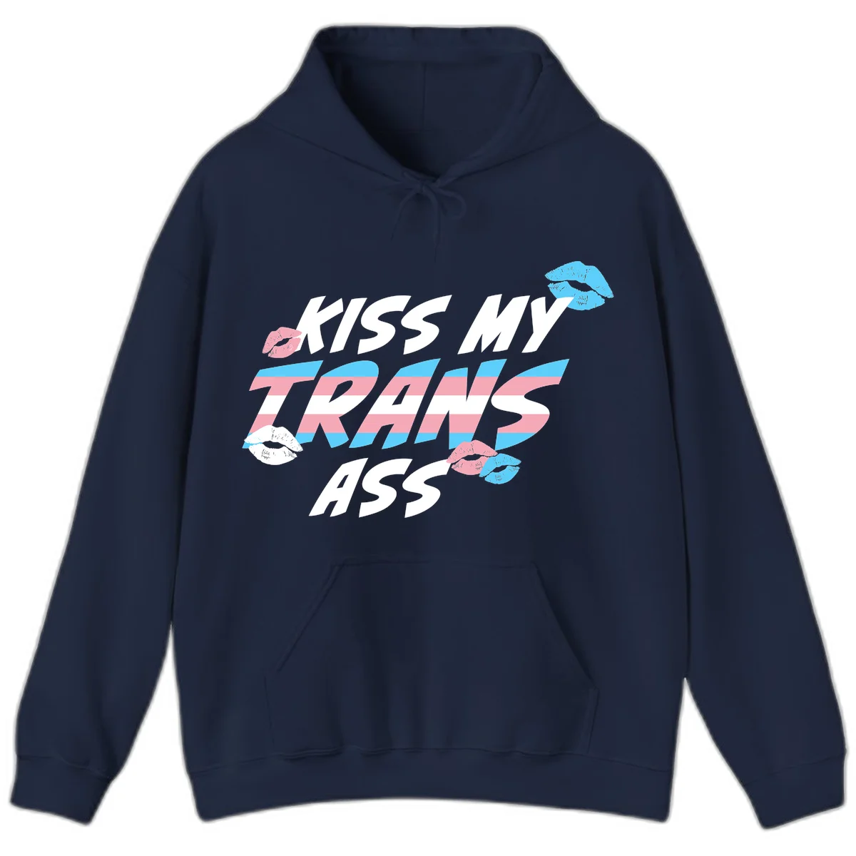 Kiss my trips ass design with trans flag striped text and colorful lip illustrations on gray background in Navy