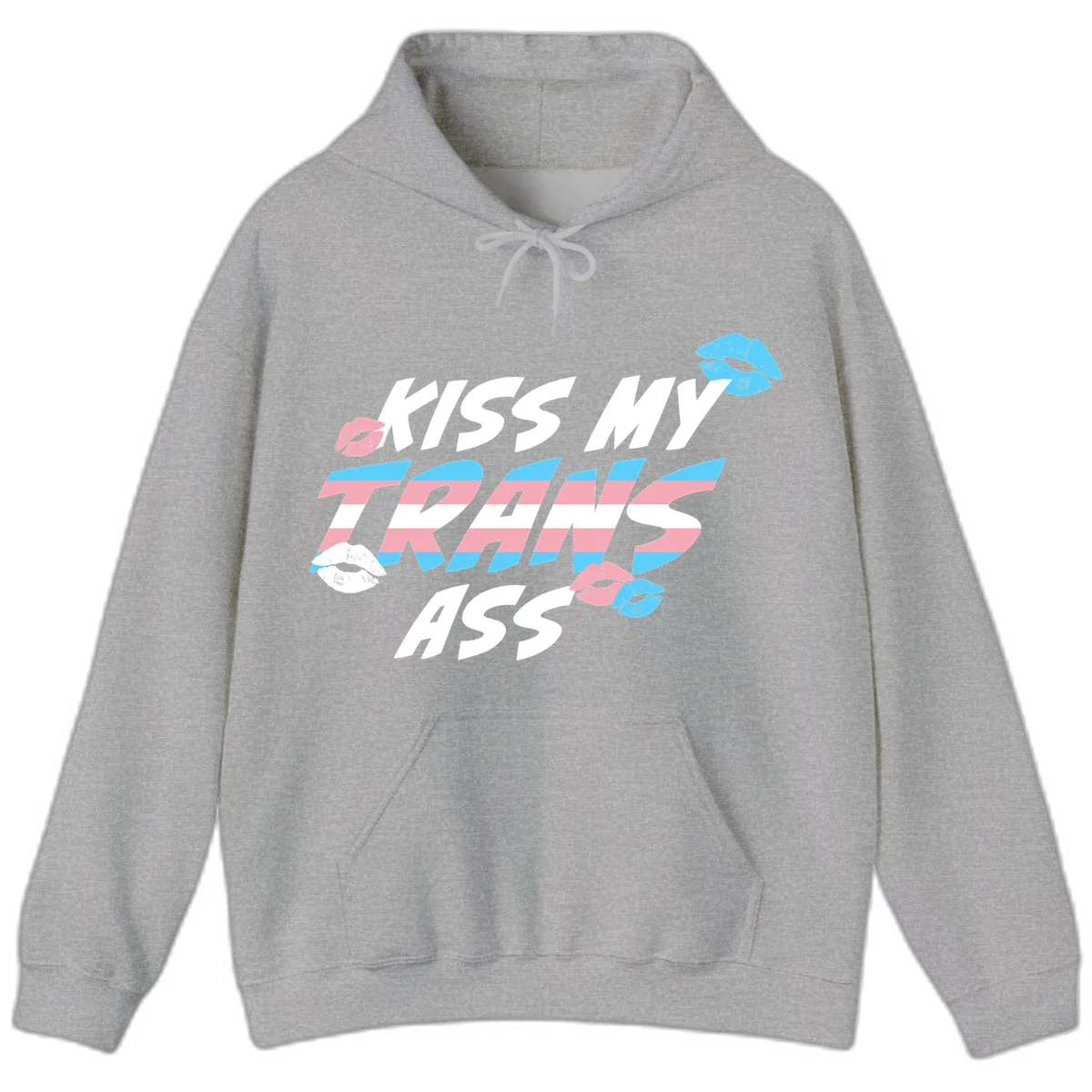 Kiss my trips ass design with trans flag striped text and colorful lip illustrations on gray background in Sport Grey