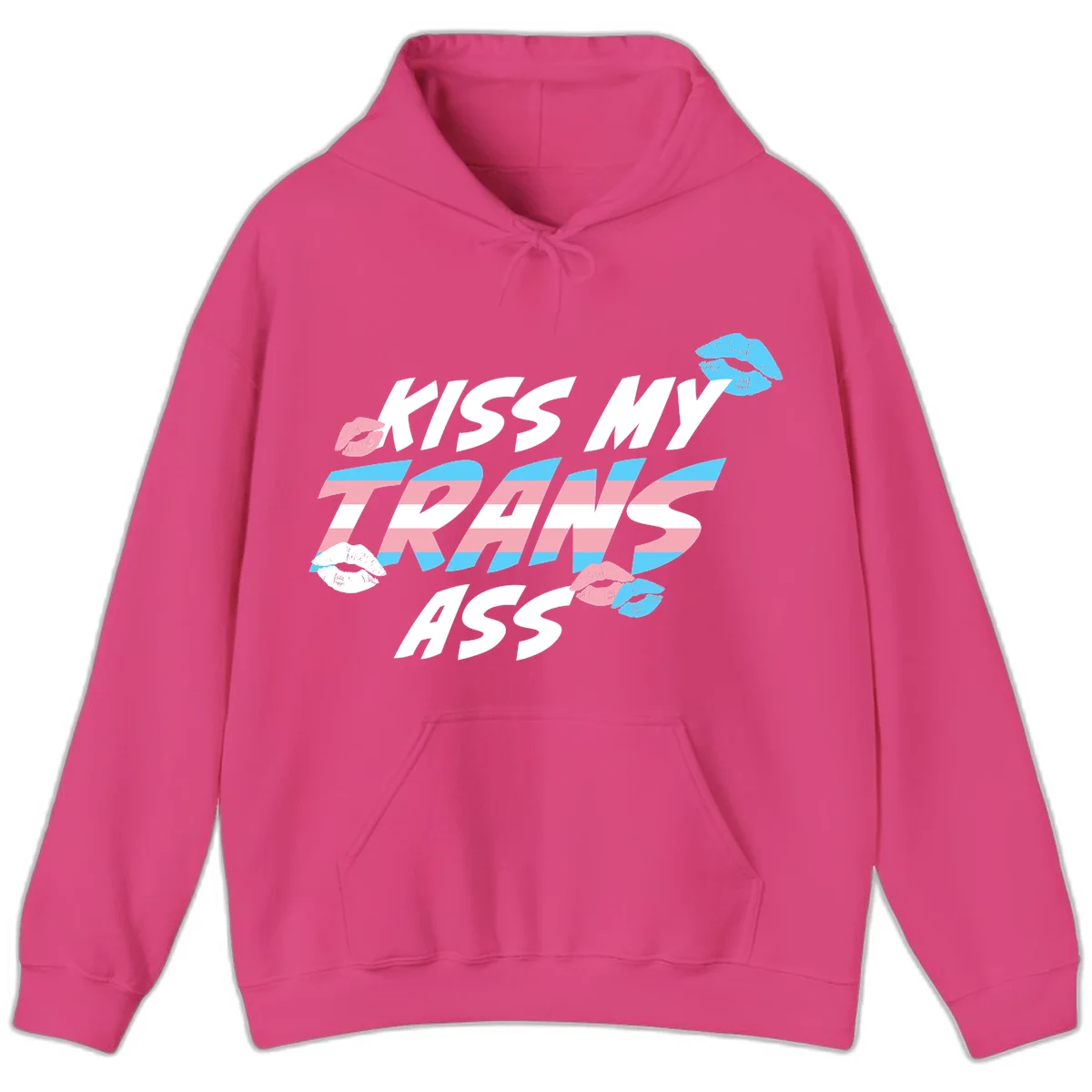 Kiss my trips ass design with trans flag striped text and colorful lip illustrations on gray background in Heliconia