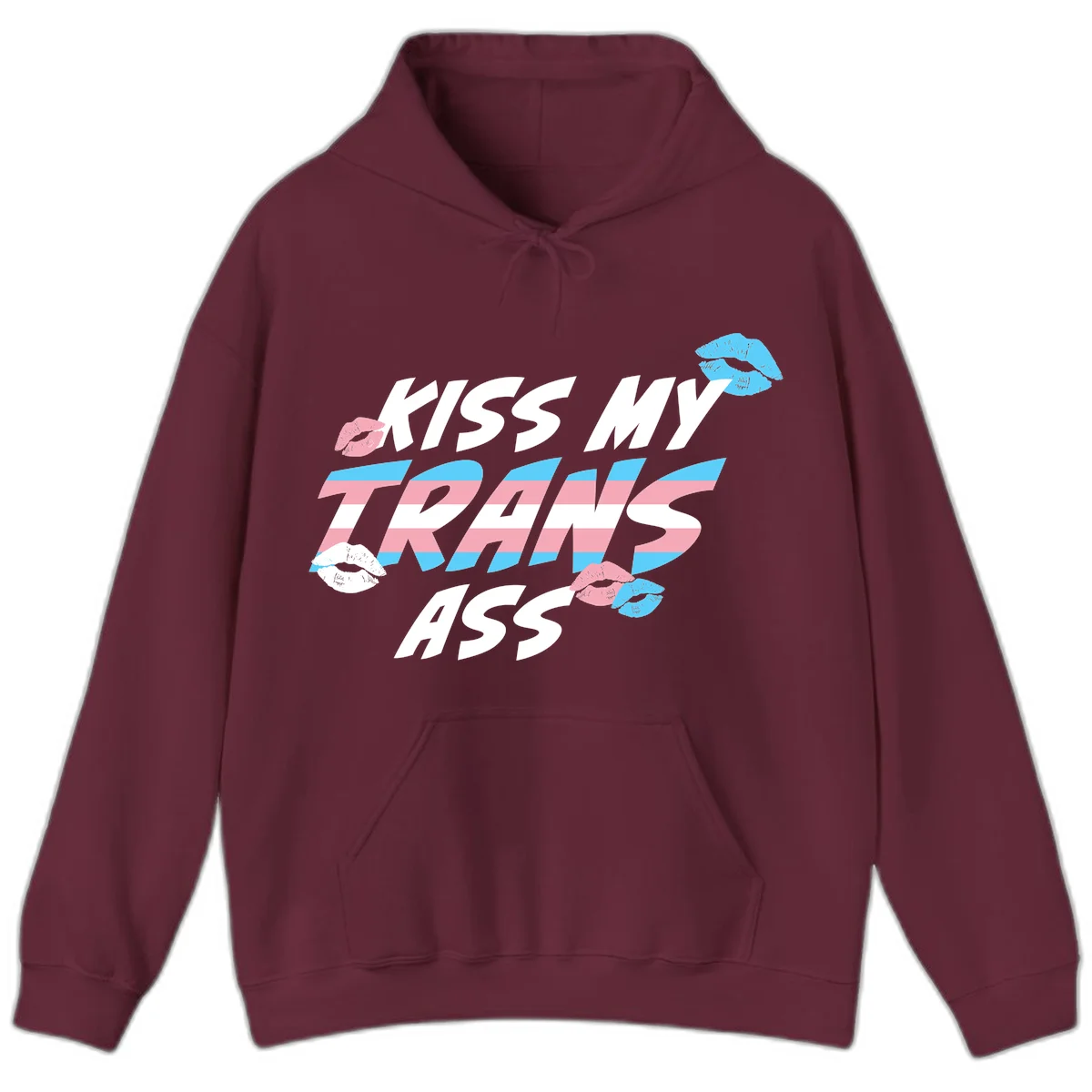 Kiss my trips ass design with trans flag striped text and colorful lip illustrations on gray background in Maroon