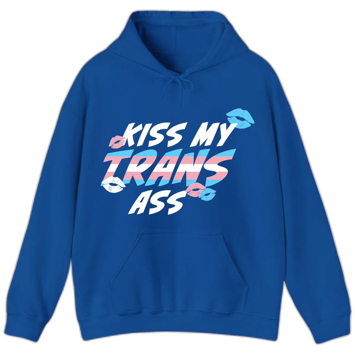 Kiss my trips ass design with trans flag striped text and colorful lip illustrations on gray background in Royal