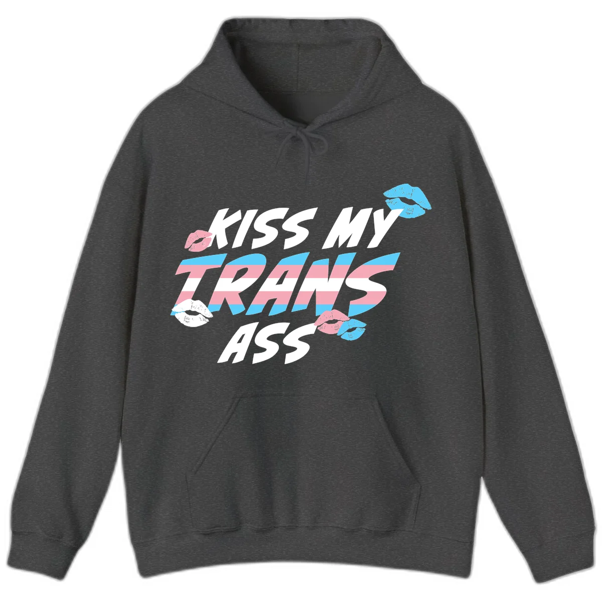 Kiss my trips ass design with trans flag striped text and colorful lip illustrations on gray background in Dark Heather