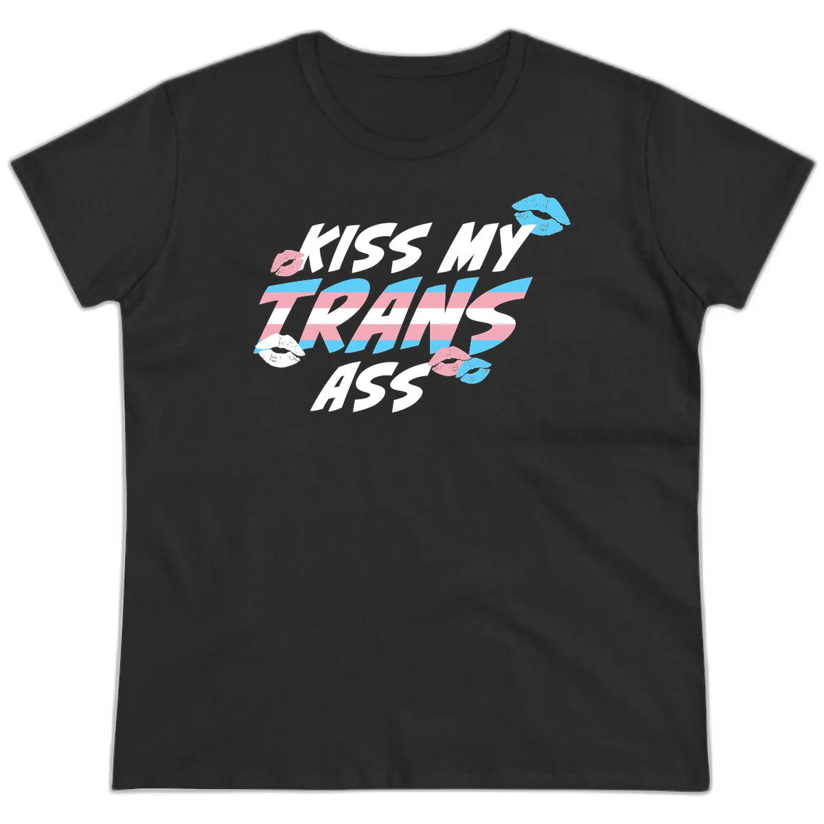 Kiss my trips ass design with trans flag striped text and colorful lip illustrations on gray background in Black