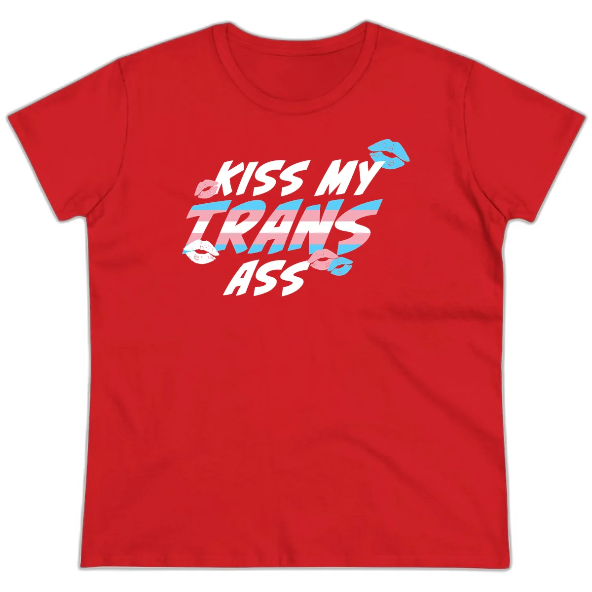 Kiss my trips ass design with trans flag striped text and colorful lip illustrations on gray background in Red