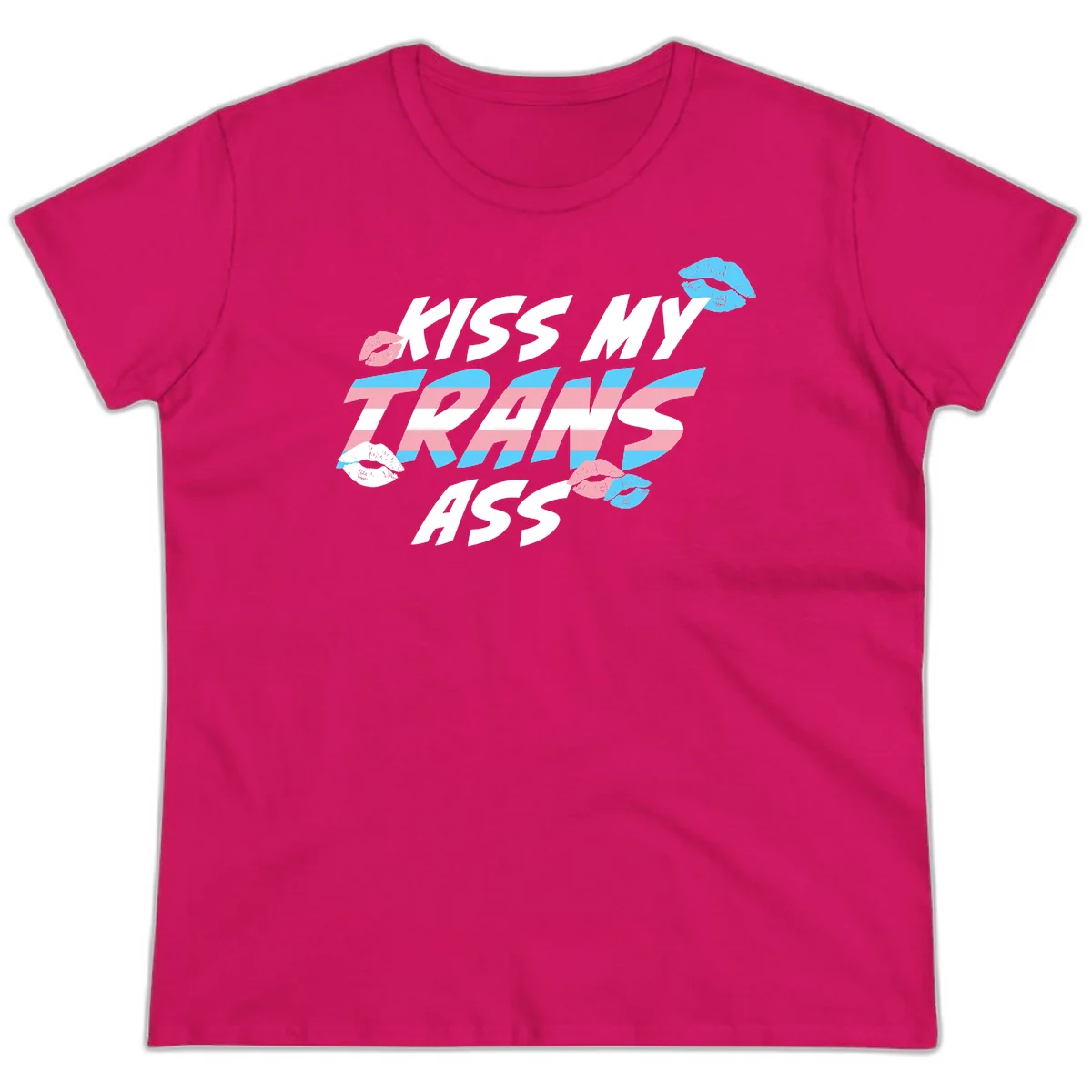 Kiss my trips ass design with trans flag striped text and colorful lip illustrations on gray background in Heliconia