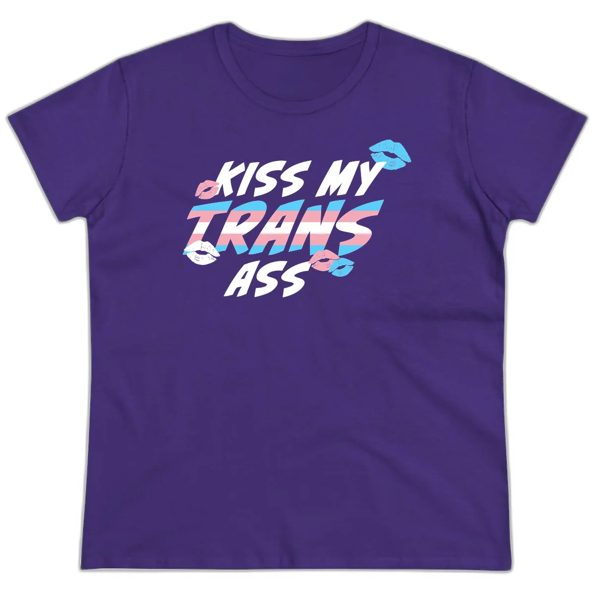 Kiss my trips ass design with trans flag striped text and colorful lip illustrations on gray background in Purple
