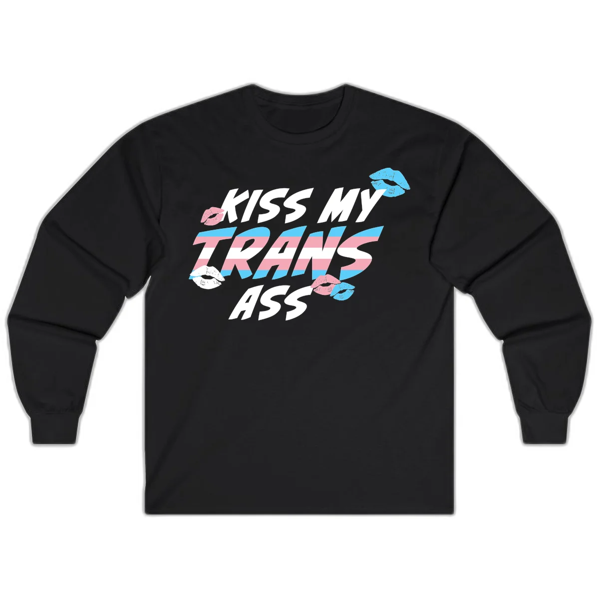 Kiss my trips ass design with trans flag striped text and colorful lip illustrations on gray background in Black