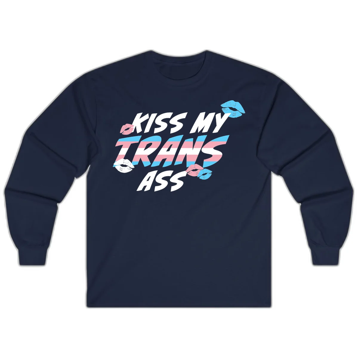 Kiss my trips ass design with trans flag striped text and colorful lip illustrations on gray background in Navy