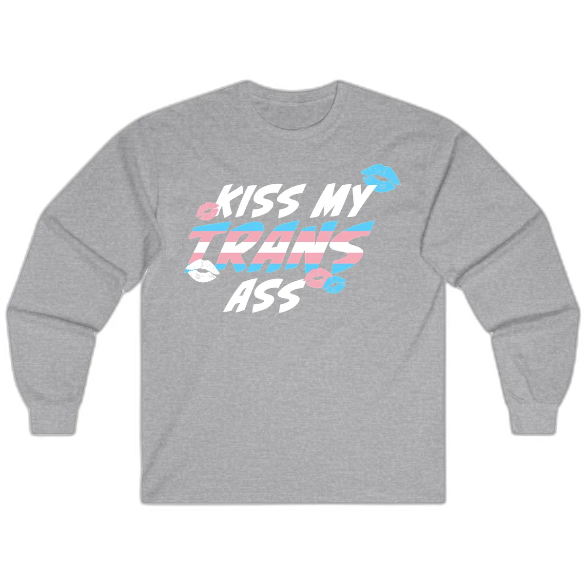Kiss my trips ass design with trans flag striped text and colorful lip illustrations on gray background in Sport Grey