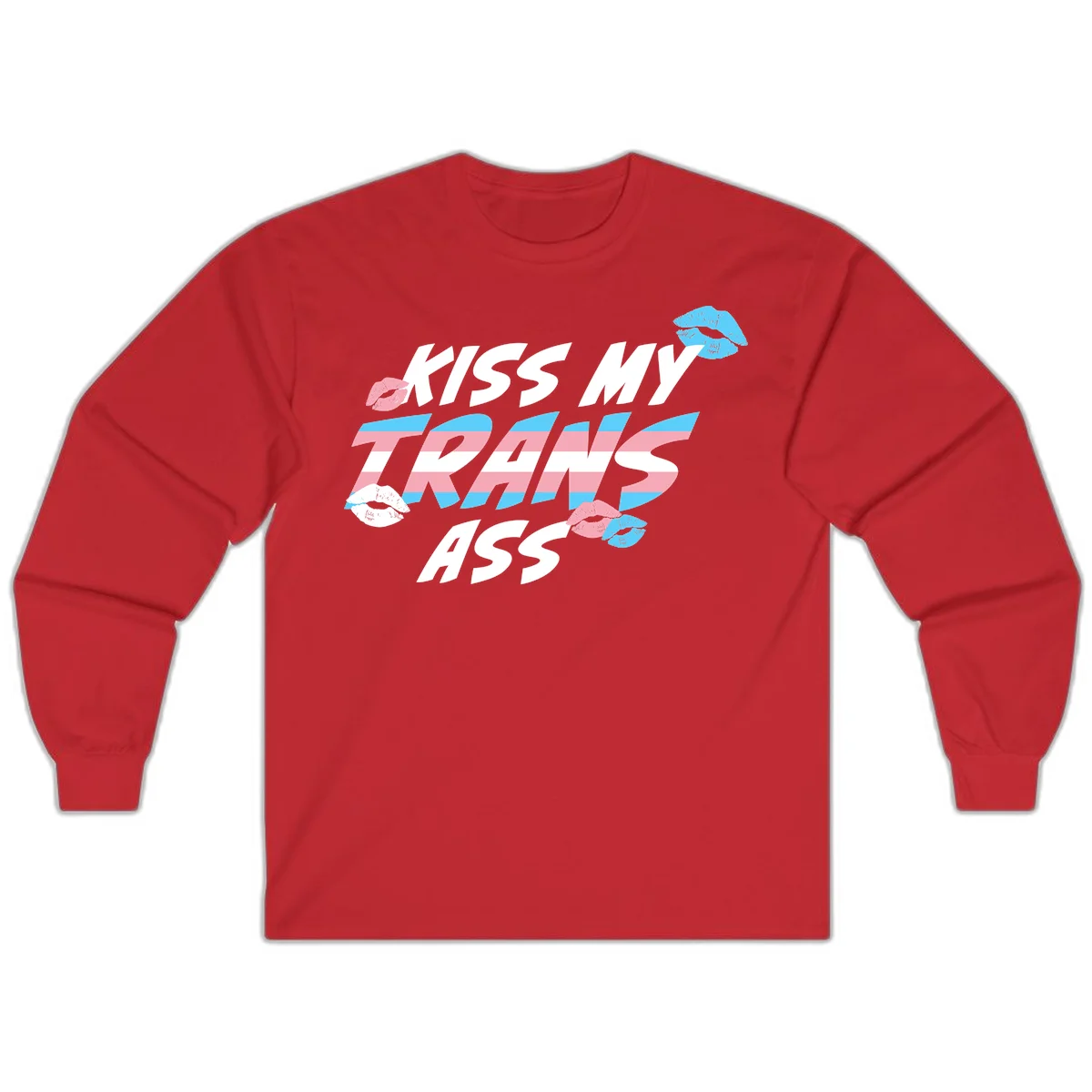 Kiss my trips ass design with trans flag striped text and colorful lip illustrations on gray background in Red