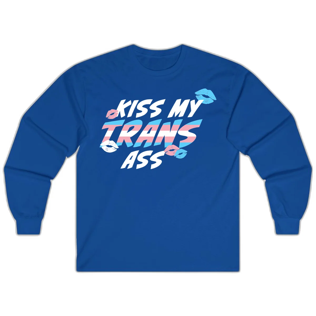 Kiss my trips ass design with trans flag striped text and colorful lip illustrations on gray background in Royal