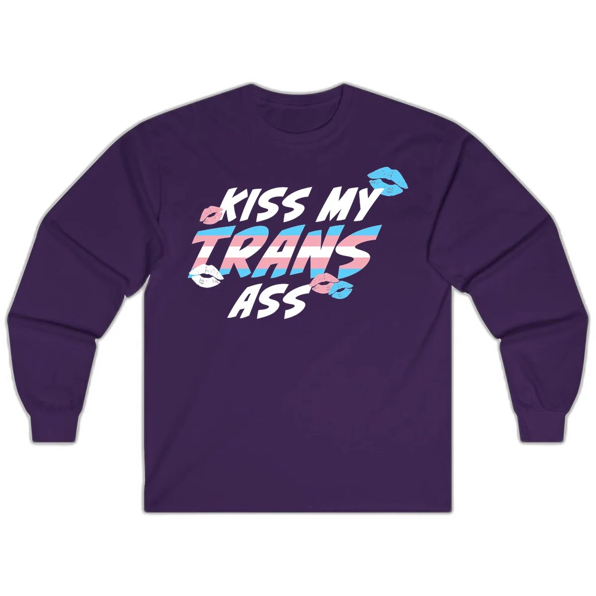 Kiss my trips ass design with trans flag striped text and colorful lip illustrations on gray background in Purple