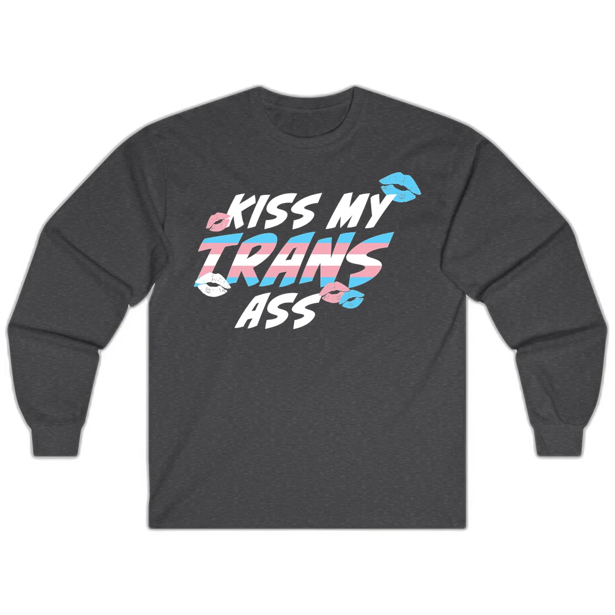 Kiss my trips ass design with trans flag striped text and colorful lip illustrations on gray background in Dark Heather