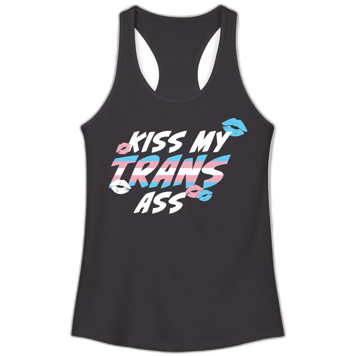 Kiss my trips ass design with trans flag striped text and colorful lip illustrations on gray background in Black