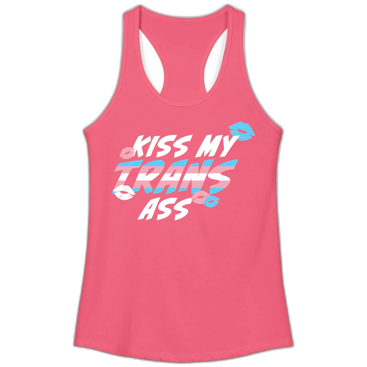 Kiss my trips ass design with trans flag striped text and colorful lip illustrations on gray background in Hot Pink
